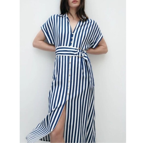 ✨ ZARA Striped Linen Blend Midi Shirt Dress White Blue Button Front - Picture 1 of 13
